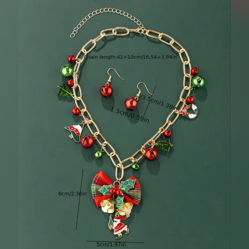 Festive Gold Plated Red and Green  Christmas Charm Necklace and Earring Set - Picture 4 of 4